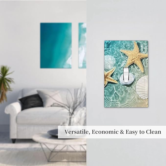 Decorative Light Switch Cover Beach Starfish Ocean Conch Cameo Shell 1 Gang Single Toggle Device Electrical Faceplate Switchplates Decorator Outlet Wall Plate For Decor Kids Room Decor