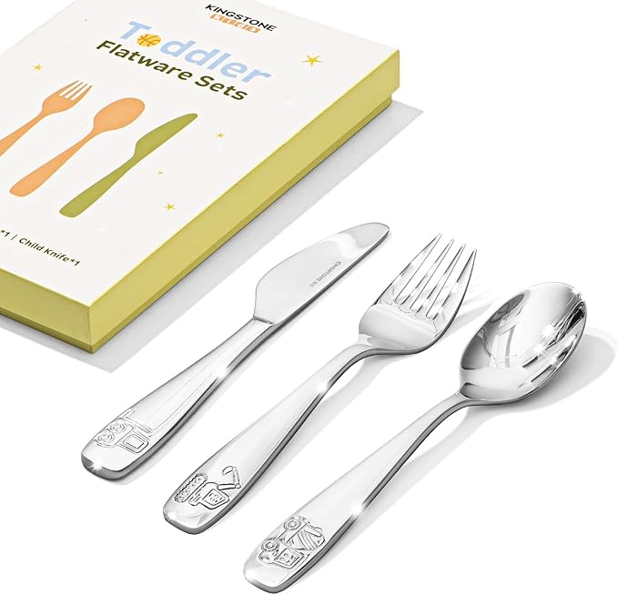 KINGSTONE Kids Silverware Set 3 Pieces, 18/10 Stainless Steel Fork, Spoon & Knife, Construction Vehicle, Digger & Dump Truck Kids Utensils, Food-Grade, Dishwasher Safe for Children Daily Use