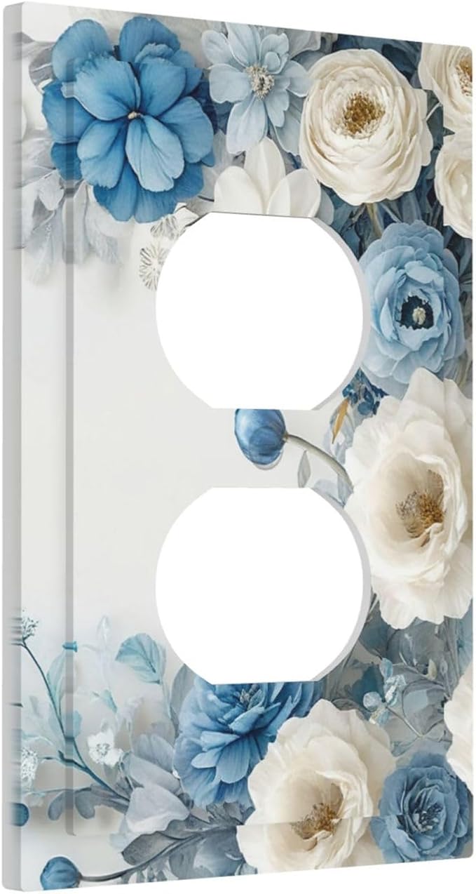 Decorative Outlet Covers Blue Rose White Flowers Rustic Floral 1 Gang Duplex Light Switch Cover Plate Wall Plates for Electrical Outlets Electrical Switchplate Face Plate