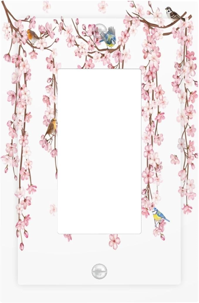 Pink Cherry Blossom Flower Vine Floral Tree Branch Birds Decorative Outlet Covers 1 Gang Single Rocker Light Switch Cover Plate Wall Plates GFCI Faceplate for Bedroom Living Room Decor