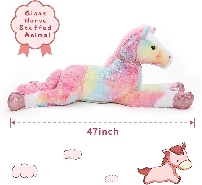 Tezituor 47 Inch Large Horse Stuffed Animal Toy, 4ft Tie-Dye Pink Horse Pony Plush Toy, Hugging Giant Soft Horse Plush Pillow for Kids Adult