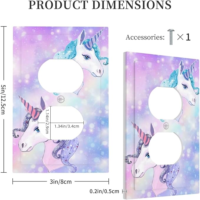 Purple/Blue Rainbow Unicorn 1 Gang Duplex Wall Plate Receptacle Outlet Covers Fantasy Cute Kawaii Kid Girl Star Cartoon Fairy Decorative Electrical Dual Device Light Switch Plug Socket Faceplate Cover