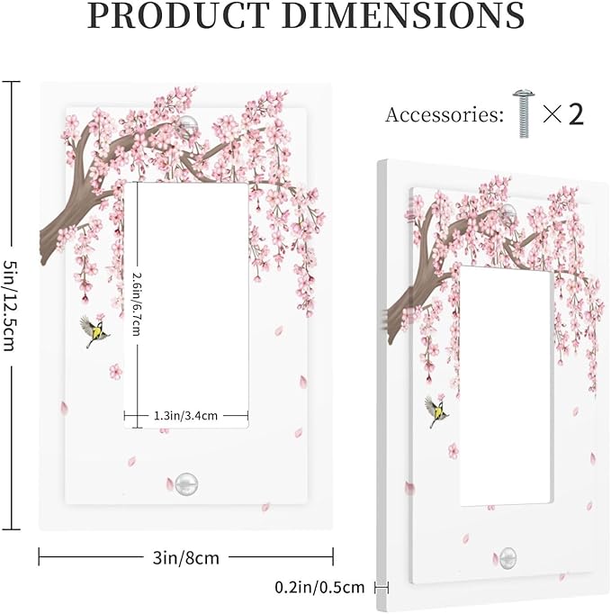 Pink Flower Tree Branch Cherry Blossom Tree Floral Birds Decorative Outlet Covers 1 Gang Single Rocker Light Switch Cover Plate Wall Plates GFCI Faceplate for Bedroom Living Room Decor