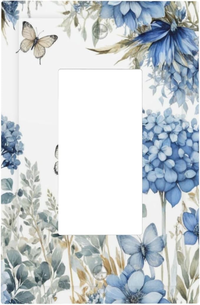 Decorative Outlet Covers Boho Blue Flowers Rustic Beige Butterfly Leaves 1 Gang Single Decora GFCI Device Light Switch Covers Plate 1 Rocker Wall Plate Jumbo Switch Cover Plate