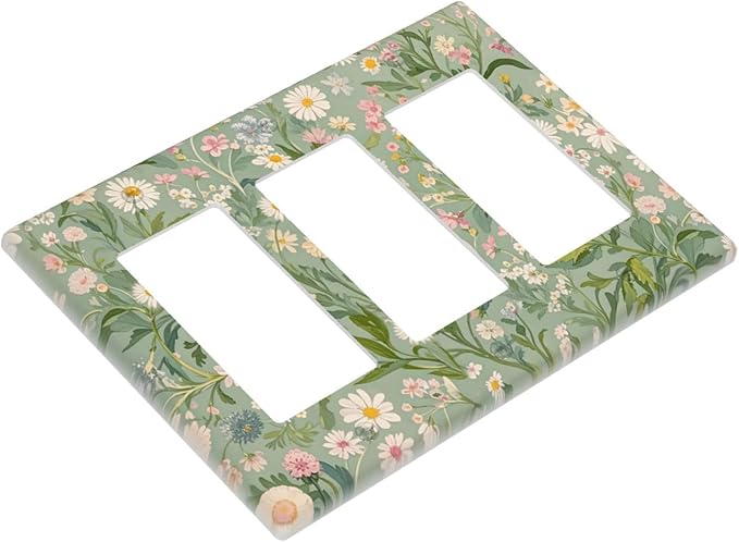 Decorative Light Switch Plate with Vintage Wildflowers & Daisies on Light Green Background Design 3 Gang Outlet Covers Triple Rocker Wall Plate Switch Plate Cover