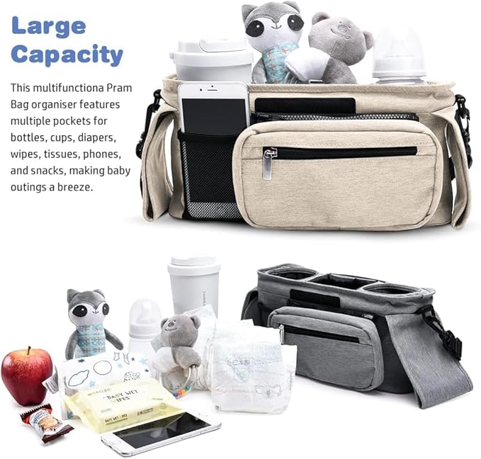 Baby Stroller Organizer, Universal Stroller Organizer with Detachable Phone Bag, Stroller Caddy with 2 Insulated Cup Holders, Buggy Organizer Bag with 2 Hooks Fits Most Strollers (White)