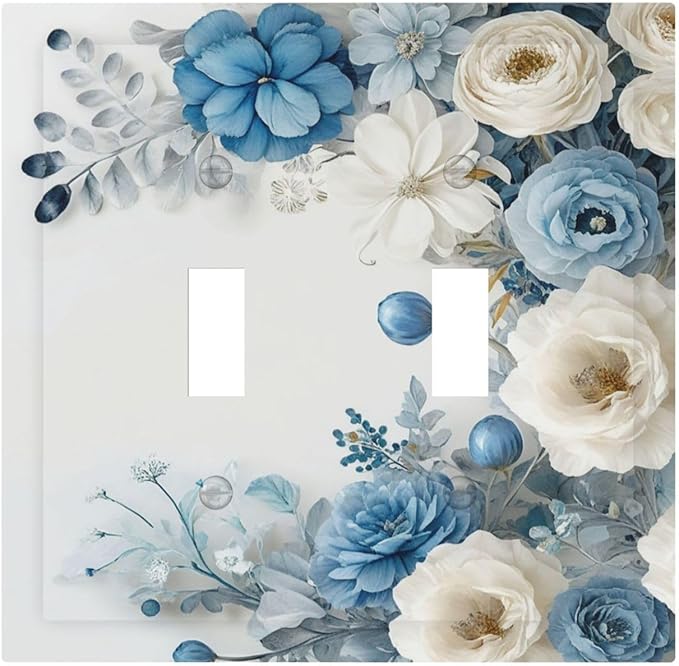 Decorative Light Switch Cover Plate Blue Rose White Flowers Rustic Floral 2 Gang Wall Plate Oversized Double Toggle Two Switch Wall Cover Plate Dual Device Electrical Face Plate