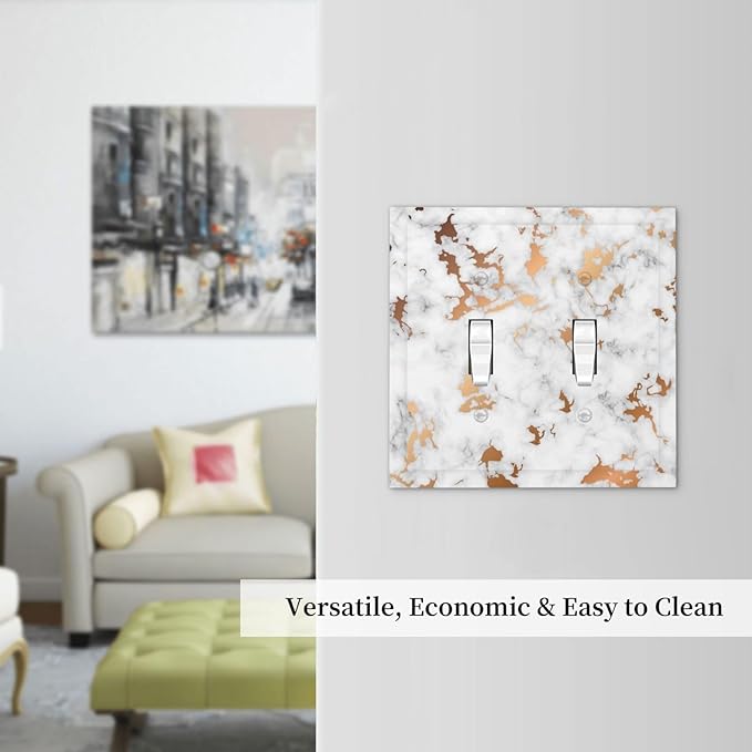 Lexury Elegant White Red Golden Marble Texture 2 Gang Double Toggle Light Switch Cover Electric Wall Plate Modern Marbling Marbled Grain Electrical Device Outlet Cover Faceplate Jumbo Size