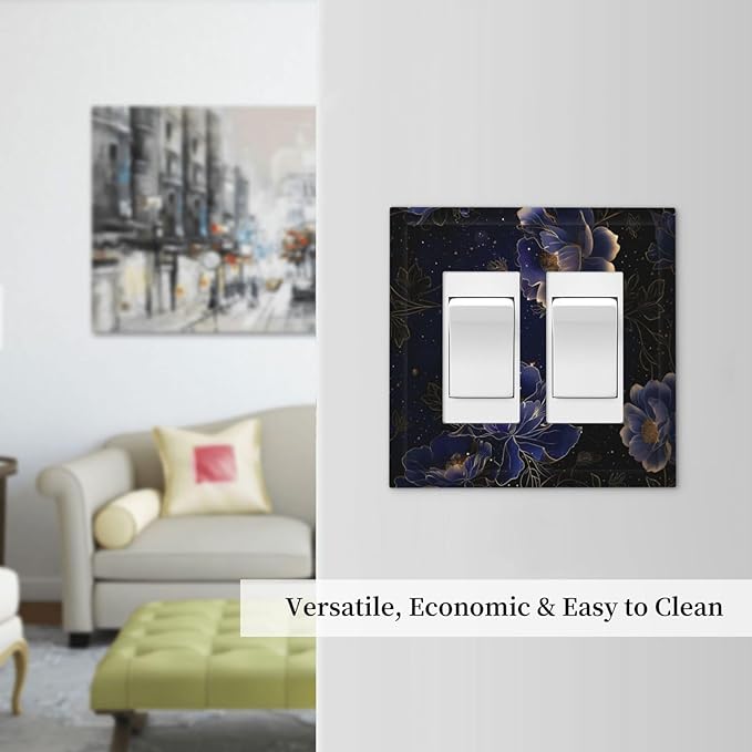Navy Blue Floral Vintage Flower Dark Watercolor Decorative Outlet Covers 2 Gang Double GFCI Rocker Electrical Wall Panels Light Switch Cover Plate for Bedroom Living Room Decor
