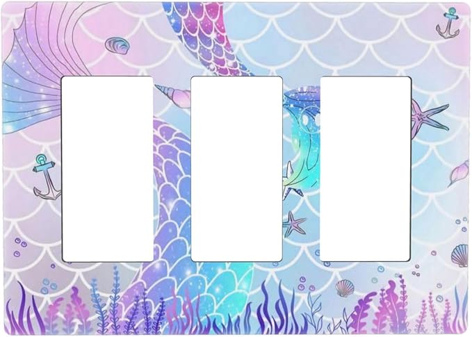 Cartoon Pink Girl Mermaid Scales Tail 3 Gang Triple Rocker/Decorator Light Switch Wall Plate Cover Decorative GFCI Electrical Faceplate Switchplate Dimmer