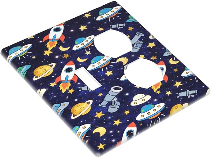 Decorative Outlet Covers Blue Space-themed Rocket Spaceship 2 Gang Light Switch Cover Plate Single Toggle Duplex Wall Plates for Electrical Switch Plate Covers for Children's Room Decor