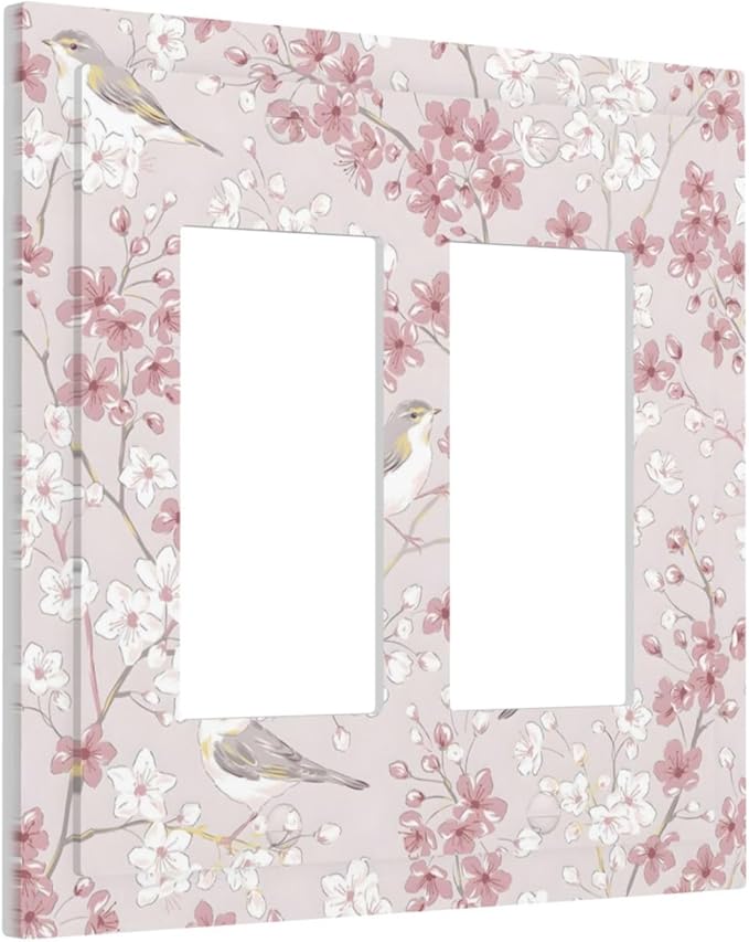 Pink Sakura Cherry Blossom Vintage Bird Floral Flower Decorative Outlet Covers 2 Gang Double GFCI Rocker Electrical Wall Panels Light Switch Cover Plate for Bedroom Living Room Decor