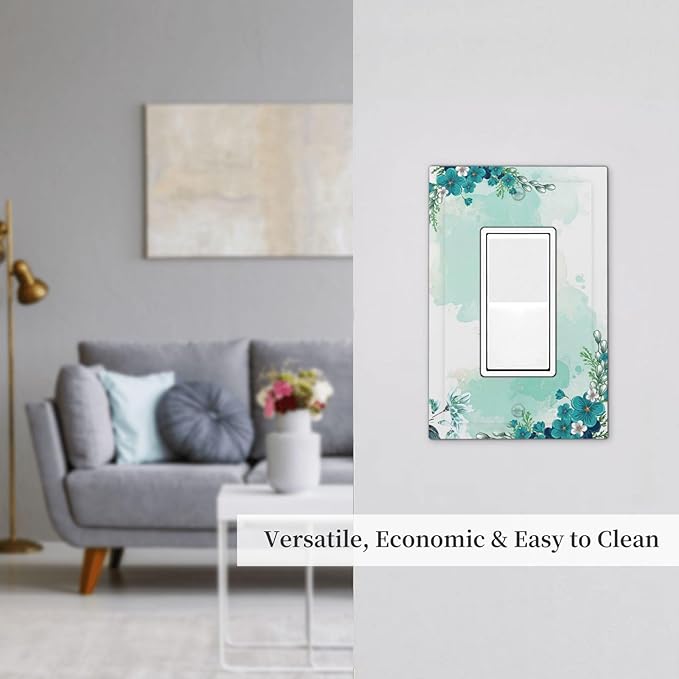 Decorative Outlet Covers Blue Green Flowers Light Green Watercolor Patterns 1 Gang Single Rocker Light Switch Cover Plate Wall Plates GFCI Faceplate for Bedroom Home Decor