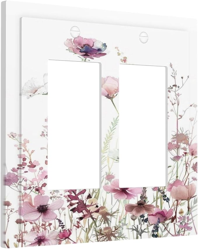 Floral Pink Watercolor Wildflowers Plant Flower Decorative Outlet Covers 2 Gang Double GFCI Rocker Electrical Wall Panels Light Switch Cover Plate for Bedroom Living Room Decor