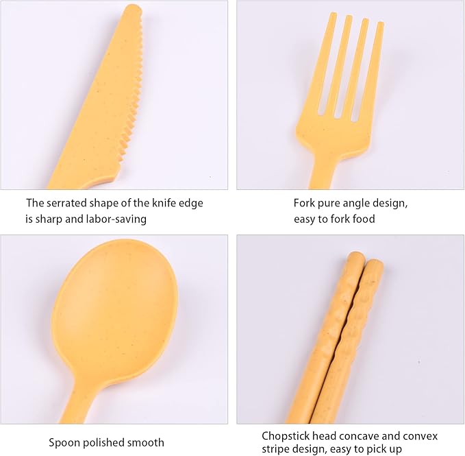 Camping Utensil Set, Reusable Utensils Set with Case, Plastic Cutlery Set Forks Spoon Tableware Chopsticks, Portable Cutlery Set for Travel Picnic Camping or Daily Use (Yellow)