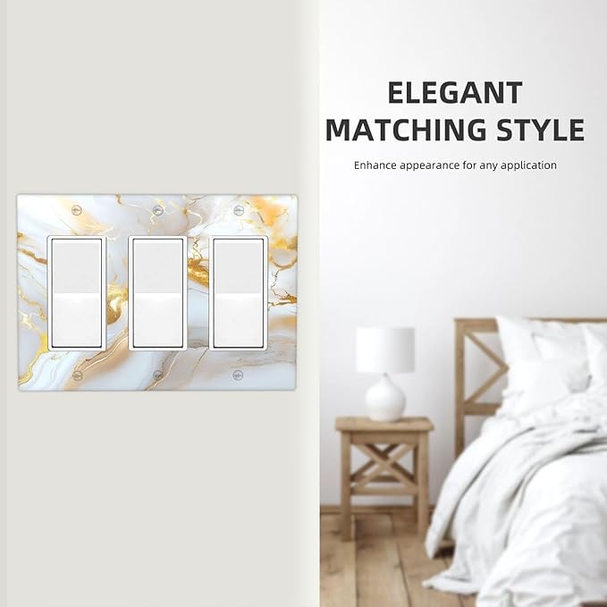 Decorative Light Switch Plate Abstract Gold Marble Design with White & Gold 3 Gang Outlet Covers Triple Rocker Wall Plate Switch Plate Cover for Modern Luxurious Decor