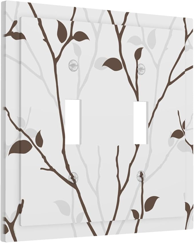 Silhouette Branches Double Toggle Switch Cover - 2-Gang Standard US Size Minimalist Twig & Leaf Light Switch Covers, Rustic Botanical Woodland for Farmhouse Home Decor