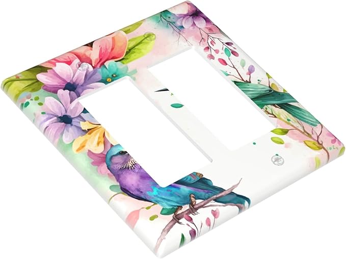Bird Floral Flower Double Gang Rocker Decorative Light Switch Cover, 2-Gang Wall Plate Outlet Cover