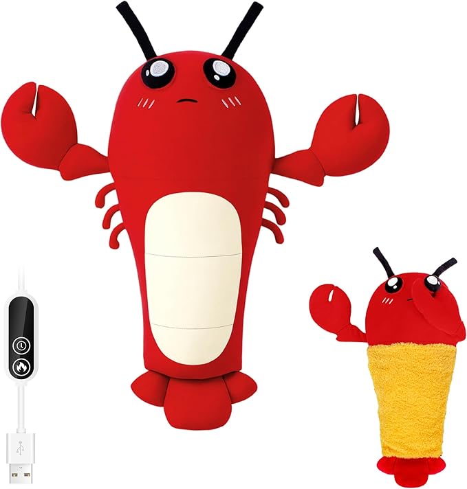 Crustacean Lobster Heating Pad for Period Cramps, Heated Stuffed Animal, Portable USB Electric Heating Pad with Auto Shut Off, Warm Plushie for Belly Back Shoulder Pain Relief, Gift for Mom Women