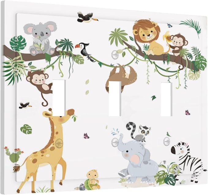 Jungle Animals Tree Branch Monkey Giraffe Lion Elephant Decorative Switch Plates 3 Gang Wall Plate Triple Toggle Light Switch Cover Faceplate Electrical Wall Panels for Kids Room Nursery Decor