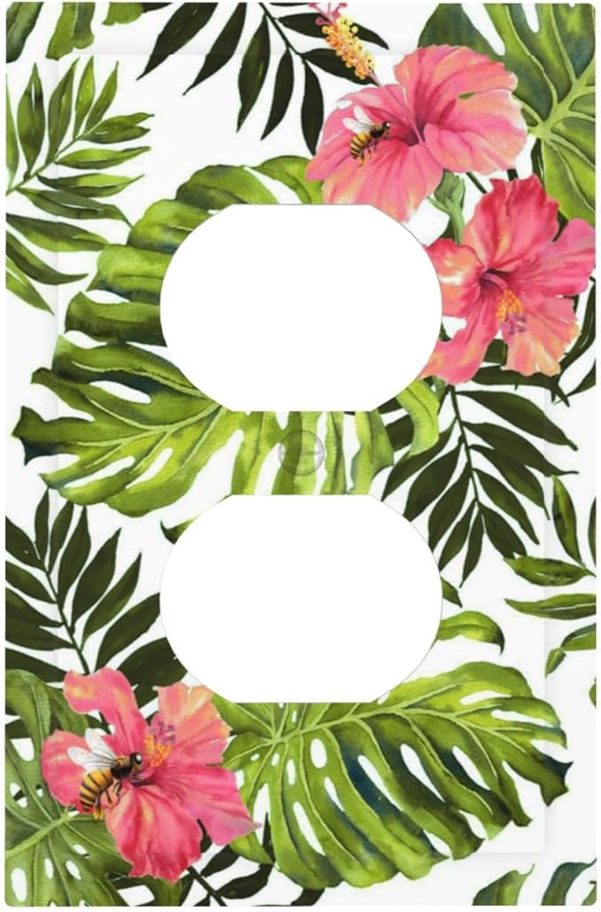 Tropical Plant Green Palm 1 Gang Duplex Outlet Covers Light Switch Cover Decorative Electrical Switchplate Banana Leaves Pink Flower Rainfores Jungle Botanical Faceplate for Bathroom Bedroom