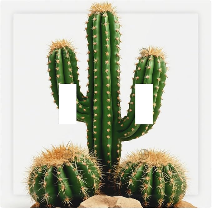 Boho Cactus Garden Double Toggle Switch Cover - 2-Gang Standard US Size Minimalist Desert Landscape Design Light Switch Covers for Bedroom Bathroom Living Room Decor