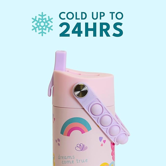 Elemental Insulated Kids Water Bottle, Stainless Steel Water Bottle with Straw Lid & Pop-It Handle, Leak-Proof Water Bottles for School, Boys or Girls, Travelling and Sports, 18oz - Unicorn Rainbow