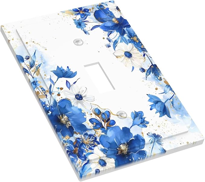 Klein Blue Flowers Watercolor Golden White Floral Decorative Light Switch Cover 1 Gang Single Toggle Device Electrical Faceplate Switchplates Decorator Outlet Wall Plate for Bedroom Living Room Decor
