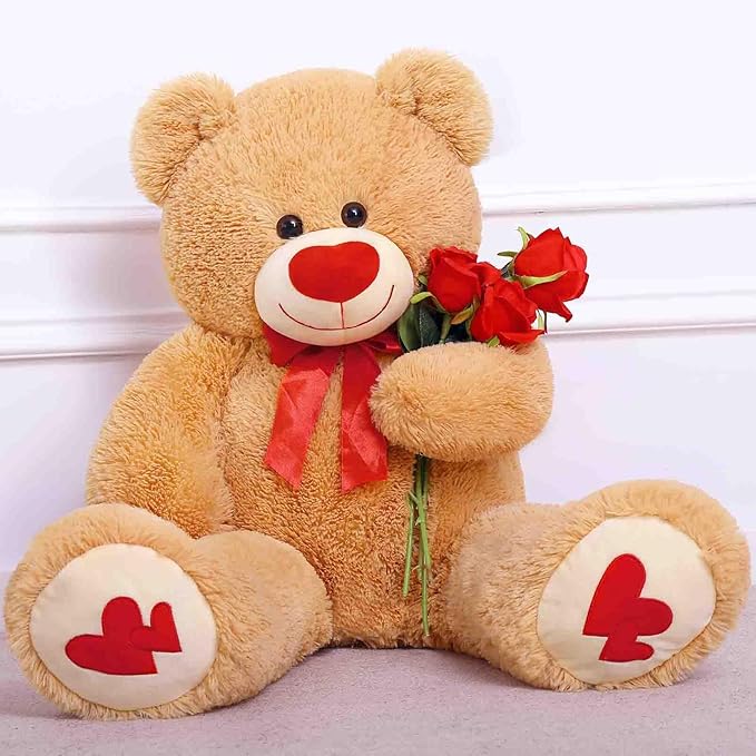 MorisMos Love Heart Giant Teddy Bear, 36 Inch Big Love Bears with Bow Tie, Large Valentines Stuffed Animals for Girlfriend, Boyfriend, Brown