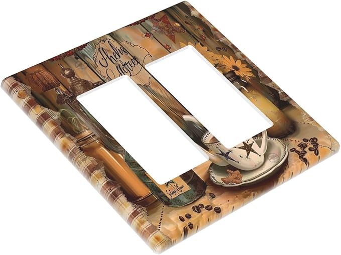 Decorative Outlet Covers Vintage Coffee Pot Star Farmhouse Wood Plank 2 Gang Wall Plate Double Rocker Decora Light Switch Cover Plate Jumbo Dual Electrical GFCI Switch Plate Cover