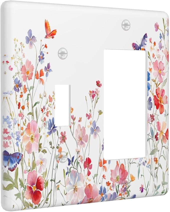 Colorful Flower Watercolor Floral Butterfly Bird Outlet Covers 1 Toggle 1 Rocker Combination Decorative Wall Plate Electrical Switch Plates Light Switch Cover Plate for Bedroom Living Room Decor