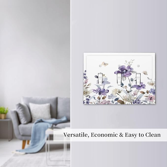 Purple Watercolor Flower Floral Butterfly Decorative Switch Plates 3 Gang Wall Plate Triple Toggle Light Switch Cover Faceplate Electrical Wall Panels for Bedroom Living Room Decor