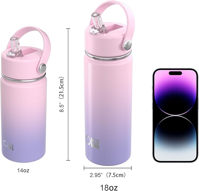 OISIZ 18oz Kids Water Bottle with Straw Lid, Vacuum Insulated Water Bottle Stainless Steel Bottles for Kids for School, Leakproof Water cups, BPA Free and Keep Cold for 24 Hours,Easy to Clean