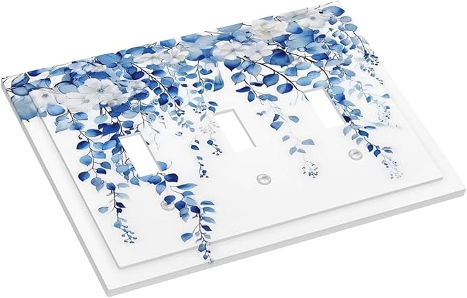 Blue Eucalyptus Leaves Floral Vine Flower Decorative Switch Plates 3 Gang Wall Plate Triple Toggle Light Switch Cover Faceplate Electrical Wall Panels for Bedroom Living Room Decor