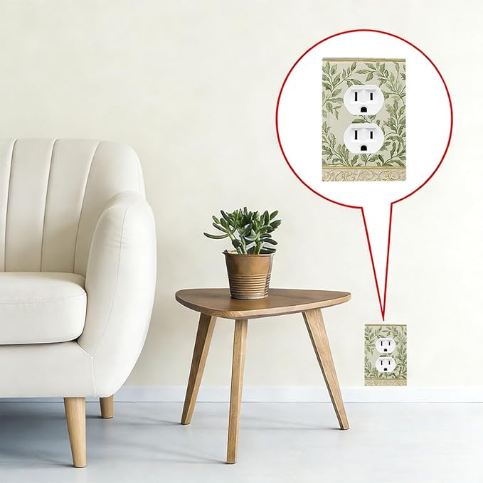 Soft Green Botanical Scroll Duplex Wall Plate - 1-Gang Standard US Size Regency Style Leafy Vine Design Outlet Covers for Bedroom Living Room Decor