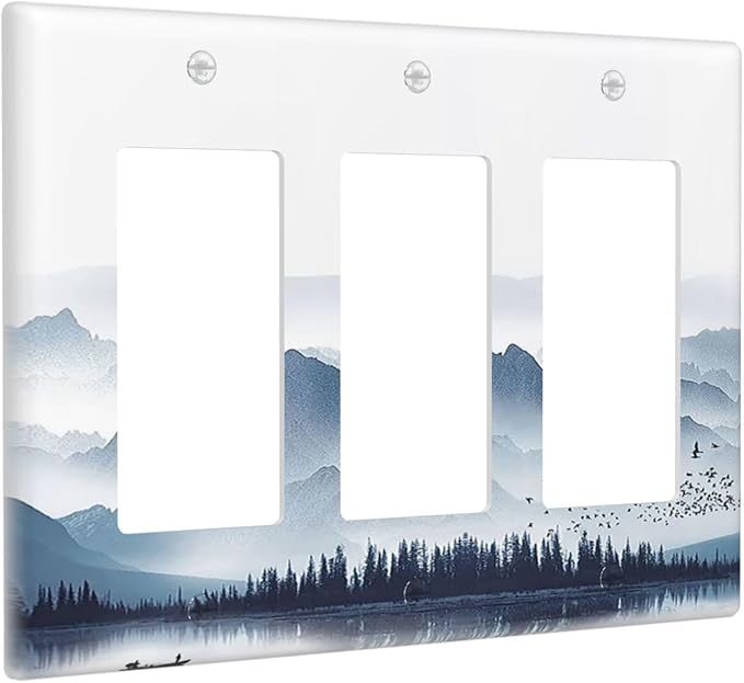 Light Switch Covers Mountain Foggy Lake Boat Grey Blue Forest Birds 3 Gang Rocker Electrical GFCI Decorative Triple Outlet Wall Plate Cover Switchplate for Bedroom living Room Decor