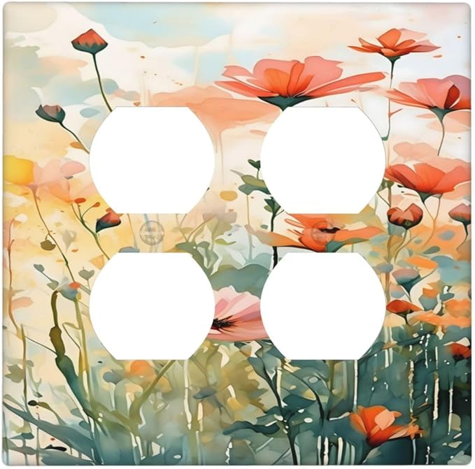 Vintage Red Orange Yellow Poppy Floral Flowers Outlet Covers 2 Gang Double Duplex Decorative Light Switch Covers Electrical Wallplates Socket Faceplate for Bedroom Living Room Decor
