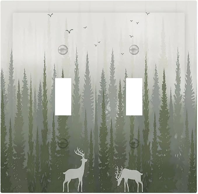Green Pine Tree Deer Country forest Bird Nature Mist Decorative Switch Plates 2 Gang Double Toggle Wall Plate Electrical Faceplate Outlet Light Switch Cover for Bedroom Home Decor