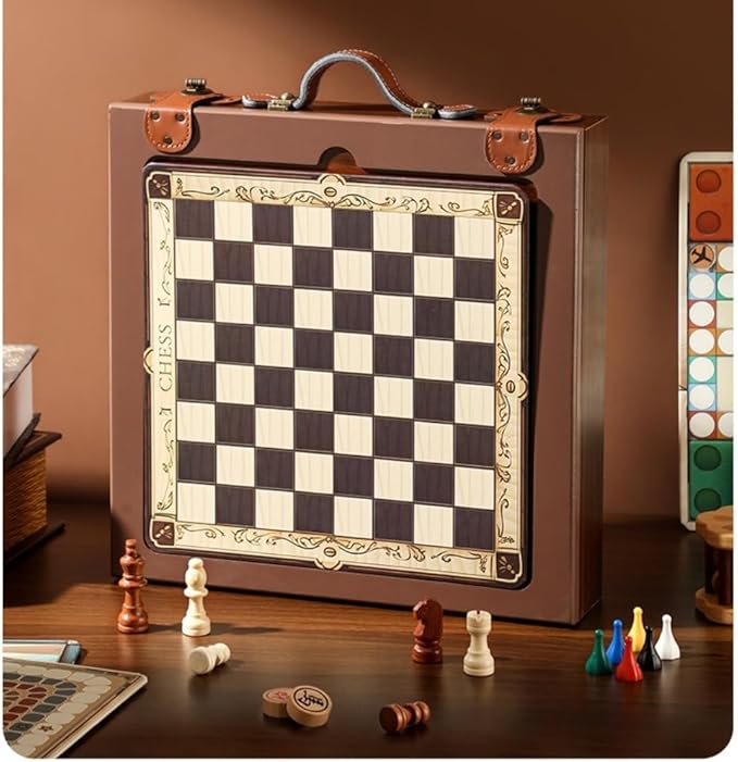 Board Games 12-in-1 Classic Wooden Board Game Set Chess Checkers Backgammon and More Premium Multi-Game Collection