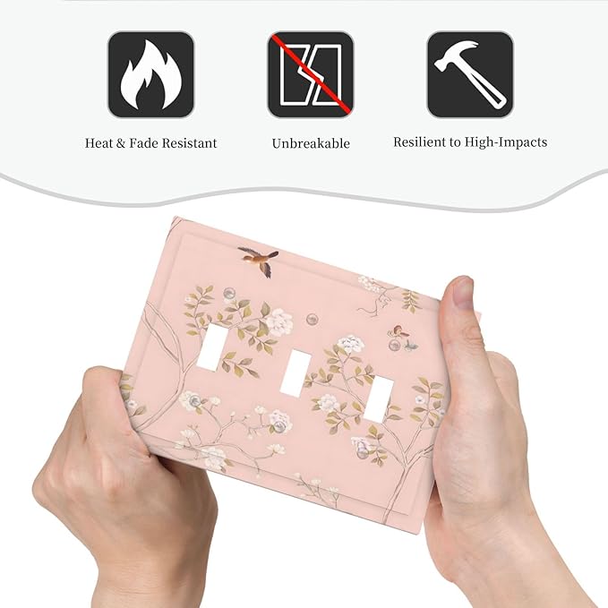 Pink Background Flowers Bird Butterflies Floral Decorative Switch Plates 3 Gang Wall Plate Triple Toggle Light Switch Cover Faceplate Electrical Wall Panels for Bedroom Living Room Decor
