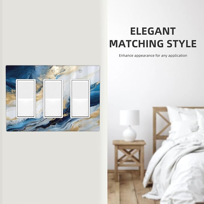 Abstract Blue Granite Luxury Watercolor Marble Texture Print 3 Gang Rocker Light Switch Covers Decorative Unique Triple Outlet Wall Plate Cover Faceplate Decorative Switchplate GFCI for Kitchen