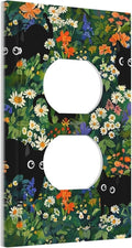 Funny Cartoon Cute Kid Black Cats 1 Gang Duplex Wall Plate Receptacle Outlet Covers Boho Aesthetic Green Floral Flower Forest Decorative Electrical Dual Device Light Switch Plug Socket Faceplate Cover