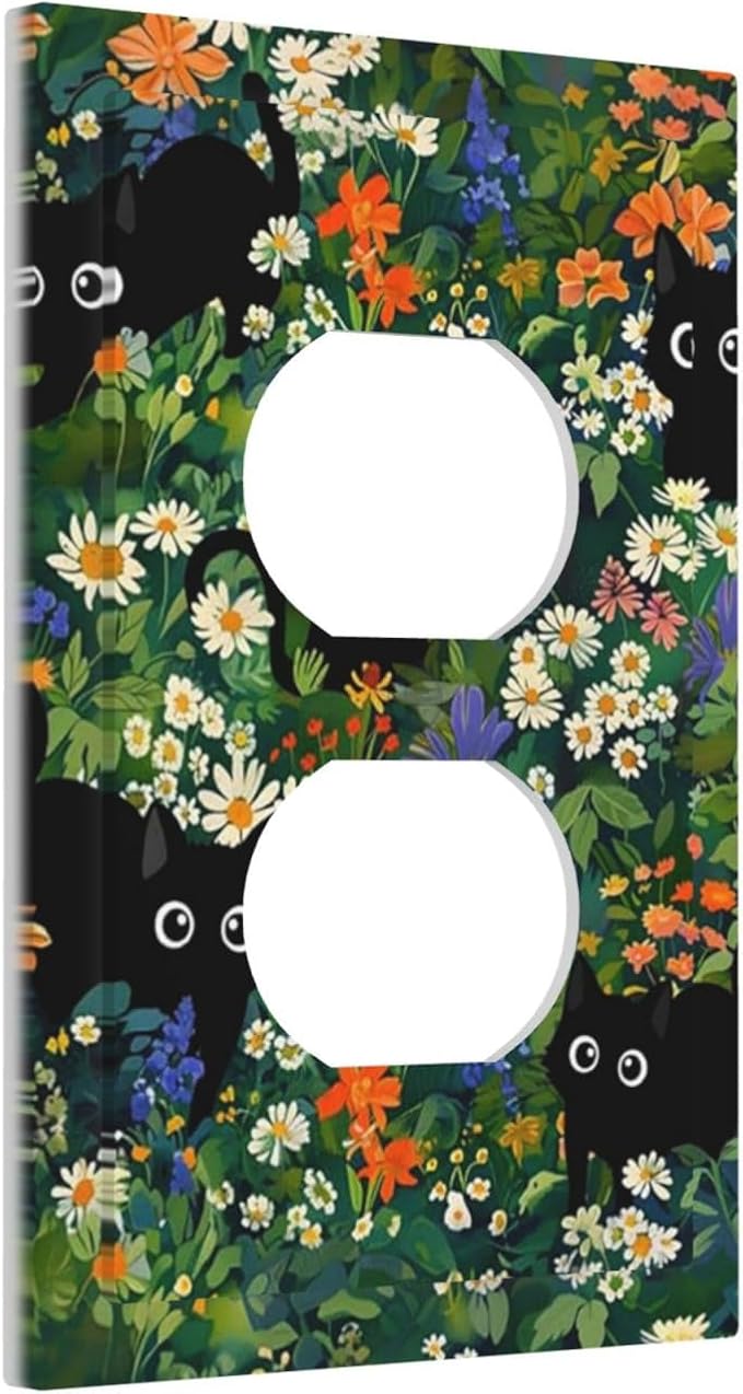 Funny Cartoon Cute Kid Black Cats 1 Gang Duplex Wall Plate Receptacle Outlet Covers Boho Aesthetic Green Floral Flower Forest Decorative Electrical Dual Device Light Switch Plug Socket Faceplate Cover