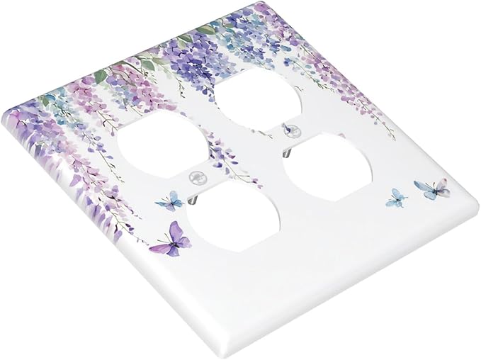 Outlet Covers Purple Flowers Watercolor Floral Butterflies 2 Gang Double Duplex Decorative Light Switch Covers Electrical Wallplates Socket Faceplate For Bed Room Living Room Decor