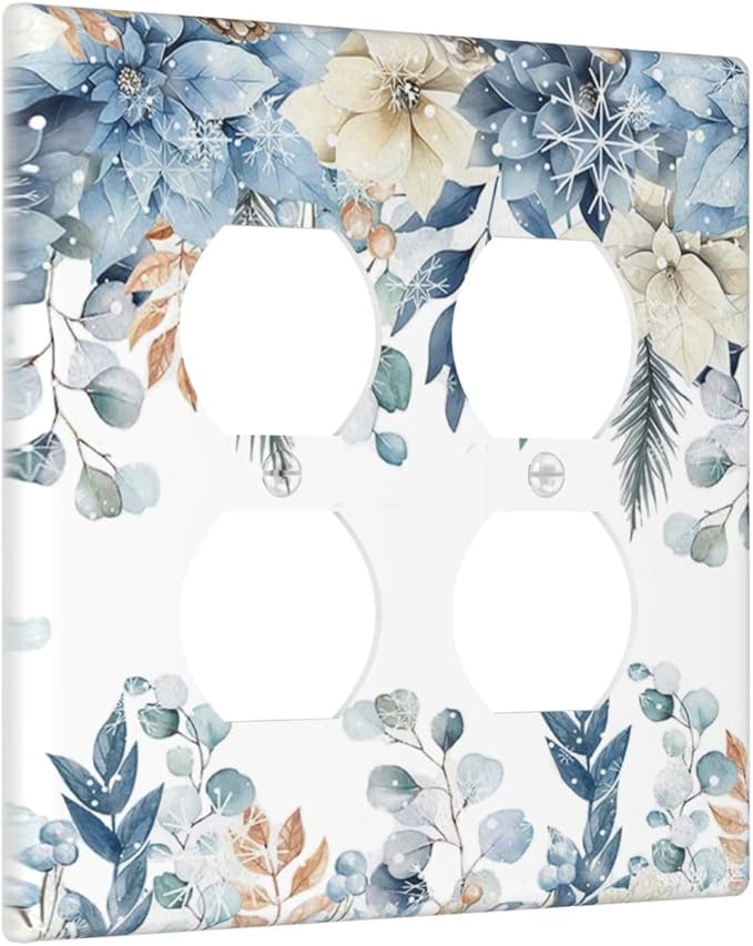 Blue Vine Snowflake Plants Leaves Floral Flowers Outlet Covers 2 Gang Double Duplex Decorative Light Switch Covers Electrical Wallplates Socket Faceplate for Bedroom Living Room Decor
