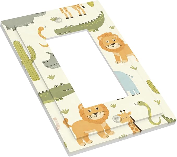 African Safari Animals Single Rocker Switch Cover - 1-Gang Standard US Size Cute Hippo Crocodile Lion Elephant And Giraffe Funny Wildlife Light Switch Covers for Boys & Girls Room Decor
