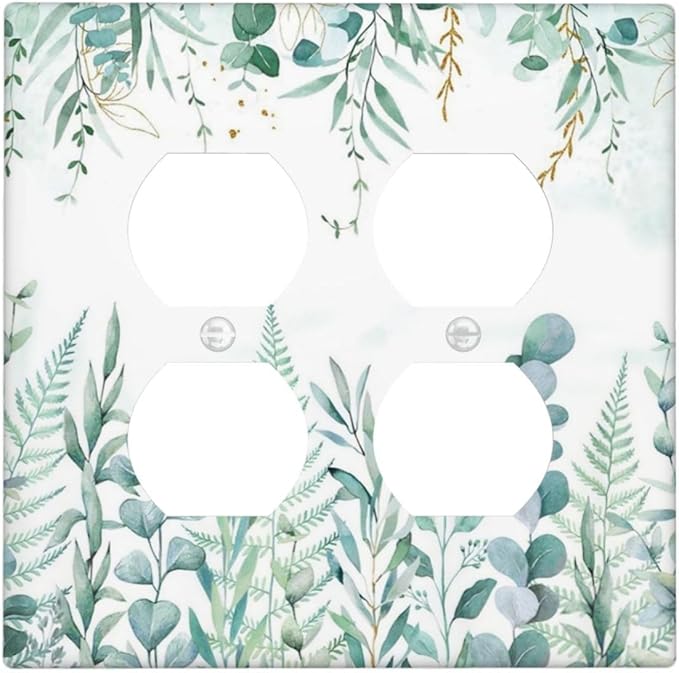 Boho Green Eucalyptus Leaf Floral Sage Flower Outlet Covers 2 Gang Double Duplex Decorative Light Switch Covers Electrical Wallplates Socket Faceplate for Bedroom Living Room Decor