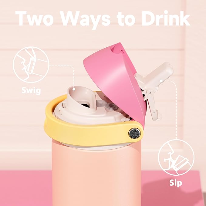 24 oz Insulated Water Bottle for Women: Meoky Stainless Steel Metal Water Bottle with 2-in-1 Straw and Spout Lid - Leak Proof, Cold for 24 Hours, Protective Silicone Base, BPA-Free for School, Coral