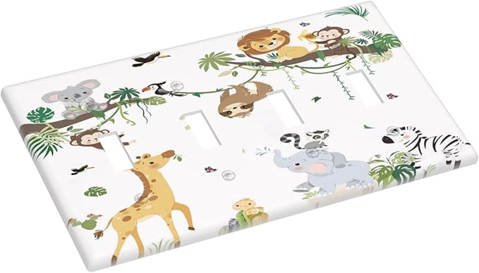 Jungle Animals Tree Branch Monkey Giraffe Lion Elephant Light Switch Covers Quad Toggle Electrical Faceplate 4 Gang Wall Plate Decorative Switch Plates Cover for Kids Room Nursery Decor