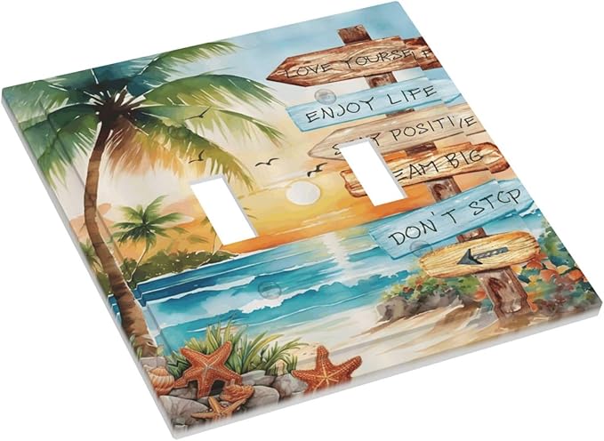 Tropical Beach Palm Tree Summer Coastal Ocean Sunset Decorative Switch Plates 2 Gang Double Toggle Outlet Light Switch Cover Wall Plate Electrical Faceplate for Bedroom Living Room Decor